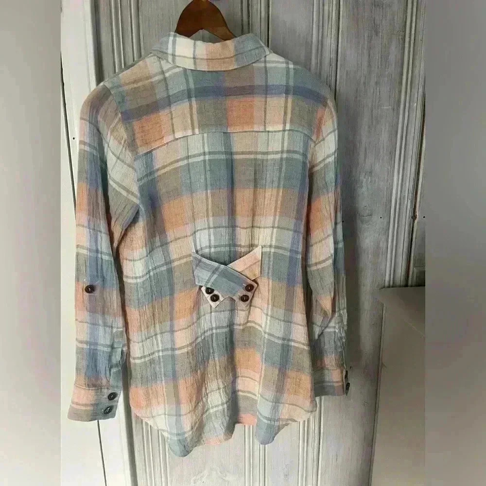 SOFT SURROUNDINGS Linen Pastel Plaid Button Down Tunic XS Laggenlook preppy prep - Picture 2 of 9